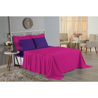 Jogo De Cama King Nobre 4 Peças Lençol Com Elástico De 30cm De Altura Malha 100% Algodão - Pink / Roxo