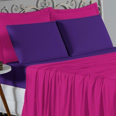 Jogo De Cama King Nobre 4 Peças Lençol Com Elástico De 30cm De Altura Malha 100% Algodão - Pink / Roxo