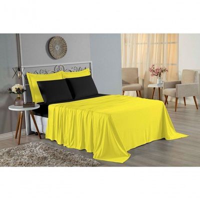 Jogo De Cama King Nobre 4 Peças Lençol Com Elástico De 30cm De Altura Malha 100% Algodão - Amarelo / Preto