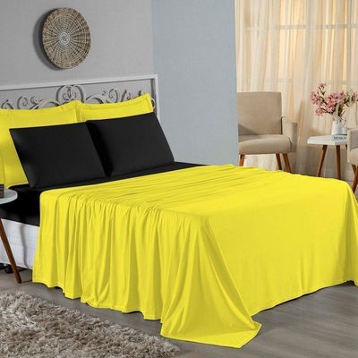 Jogo De Cama King Nobre 4 Peças Lençol Com Elástico De 30cm De Altura Malha 100% Algodão - Amarelo / Preto