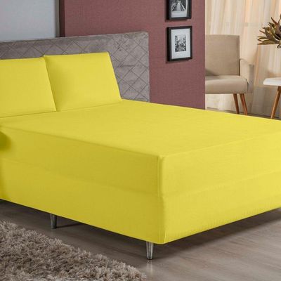 Jogo De Cama Casal Nobre 3 Peças Luva De Box 55cm De Altura Malha 100% Algodão - Amarelo