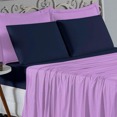 Jogo De Cama King Nobre 4 Peças Lençol Com Elástico De 30cm De Altura Malha 100% Algodão - Lilás / Azul-marinho