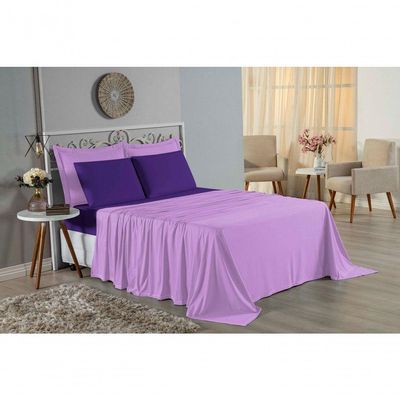 Jogo De Cama King Nobre 4 Peças Lençol Com Elástico De 30cm De Altura Malha 100% Algodão - Lilás / Roxo