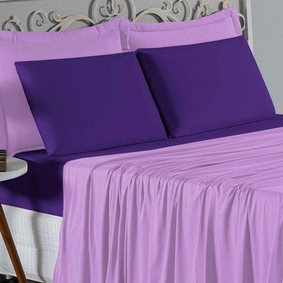 Jogo De Cama King Nobre 4 Peças Lençol Com Elástico De 30cm De Altura Malha 100% Algodão - Lilás / Roxo