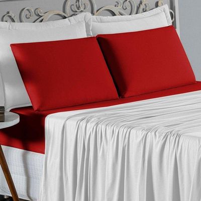 Jogo De Cama Casal Nobre 4 Peças Lençol Com Elástico De 30cm De Altura Malha 100% Algodão - Branco / Vermelho