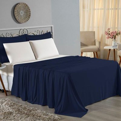 Jogo De Cama Queen Nobre 4 Peças Lençol Com Elástico De 30cm De Altura Malha 100% Algodão - Azul-marinho / Palha