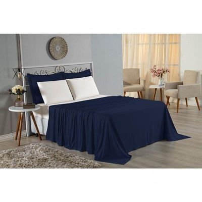 Jogo De Cama Queen Nobre 4 Peças Lençol Com Elástico De 30cm De Altura Malha 100% Algodão - Azul-marinho / Palha