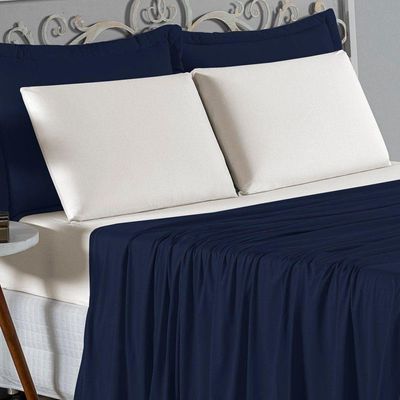Jogo De Cama Queen Nobre 4 Peças Lençol Com Elástico De 30cm De Altura Malha 100% Algodão - Azul-marinho / Palha