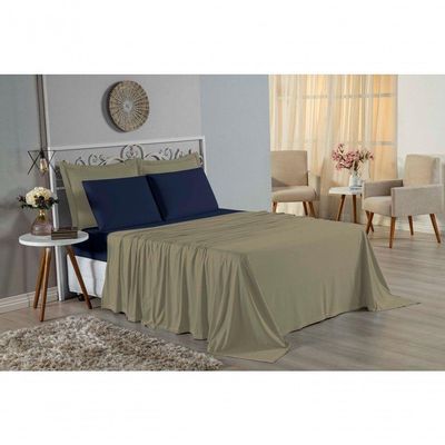 Jogo De Cama Casal Nobre 4 Peças Lençol Com Elástico De 30cm De Altura Malha 100% Algodão - Avelã / Azul-marinho