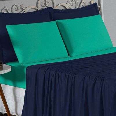 Jogo De Cama Queen Nobre 4 Peças Lençol Com Elástico De 30cm De Altura Malha 100% Algodão - Azul-marinho / Jade