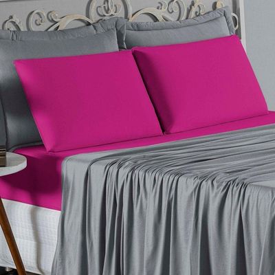 Jogo De Cama King Nobre 4 Peças Lençol Com Elástico De 30cm De Altura Malha 100% Algodão - Cinza / Pink