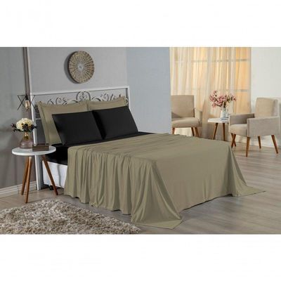Jogo De Cama King Nobre 4 Peças Lençol Com Elástico De 30cm De Altura Malha 100% Algodão - Avelã / Preto