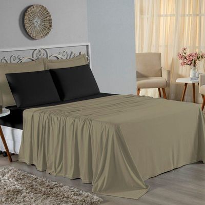 Jogo De Cama King Nobre 4 Peças Lençol Com Elástico De 30cm De Altura Malha 100% Algodão - Avelã / Preto