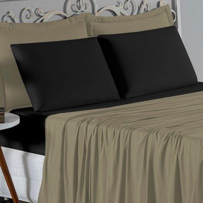 Jogo De Cama King Nobre 4 Peças Lençol Com Elástico De 30cm De Altura Malha 100% Algodão - Avelã / Preto