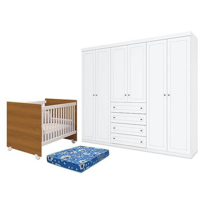 Berço Nacional Mel Branco Savana - Reller E Guarda Roupa Casal Americano 6 Portas Branco Hp E Colchão Ortobom - Henn