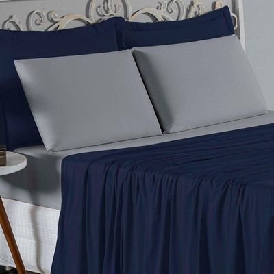 Jogo De Cama Casal Viúva Nobre 4 Peças Malha 100% Algodão - Azul-marinho / Cinza