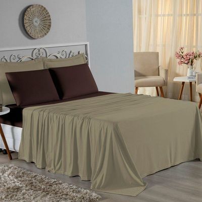 Jogo De Cama Casal Nobre 4 Peças Lençol Com Elástico De 30cm De Altura Malha 100% Algodão - Avelã / Marrom