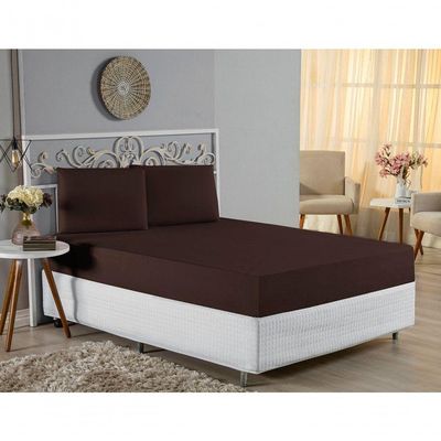 Jogo De Cama Casal Nobre 3 Peças Lençol Com Elástico De 30cm De Altura Malha 100% Algodão - Marrom