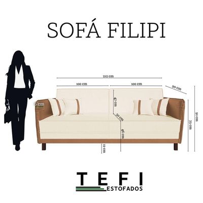 Sofá Modular 3 Lugares Filipi 2,12m Corino Bege - Corino Terracota