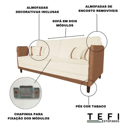Sofá Modular 3 Lugares Filipi 2,12m Corino Bege - Corino Terracota