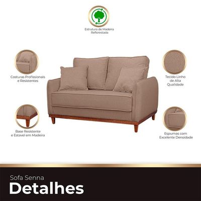 Sofa Sena 2 Lugares Base De Madeira Para Sala Hotel Linho Marrom