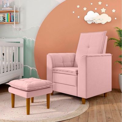 Poltrona Amamentação Confortável Com Puff Ivy Suede Rosa
