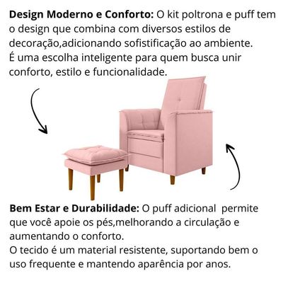 Poltrona Amamentação Confortável Com Puff Ivy Suede Rosa