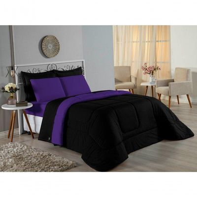 Kit Edredom Dupla Face + Jogo De Lençol Queen Nobre 7 Peças Malha 100% Algodão - Preto / Roxo