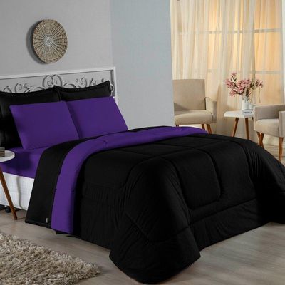 Kit Edredom Dupla Face + Jogo De Lençol Queen Nobre 7 Peças Malha 100% Algodão - Preto / Roxo