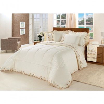 Kit Edredom Emozione Casal King Size 5 Peças Percal 200 Fios 100% Algodão Bordado - Marfim