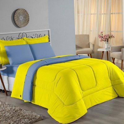 Kit Edredom Dupla Face + Jogo De Lençol Queen Nobre 6 Peças Malha 100% Algodão - Amarelo / Azul-bebê