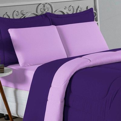 Kit Edredom Dupla Face + Jogo De Lençol King Nobre 7 Peças Malha 100% Algodão - Roxo / Lilás