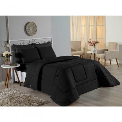 Kit Edredom Dupla Face + Jogo De Lençol Casal Viúva Nobre 6 Peças Malha 100% Algodão - Preto