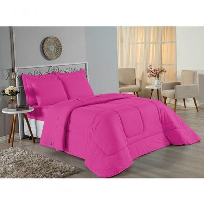 Kit Edredom Dupla Face + Jogo De Lençol Casal Viúva Nobre 6 Peças Malha 100% Algodão - Pink