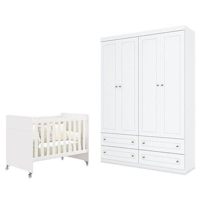 Berço Americano Evolution 4 Em 1 Branco Acetinado E Guarda Roupa Infantil Americano 4 Portas Branco Hp - Henn