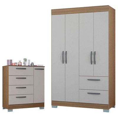Cômoda 868 4 Gavetas E 1 Porta Com Guarda Roupa Solteiro Tóquio 4 Portas Castanho Off White - Poquema
