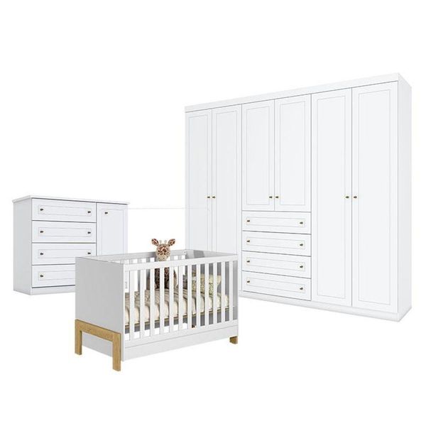 Quarto De Bebê Americano 6 Portas Com Berço Americano Mini Cama Fantasia Branco Acetinado - Qmovi - Henn