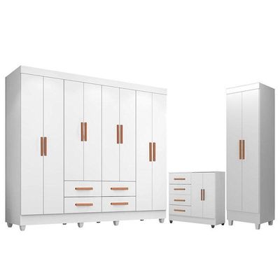 Guarda Roupa Casal Porto 8 Portas Com Cômoda 4 Gavetas 2 Portas E Armário Multiuso Lite Branco Brilho - Leão