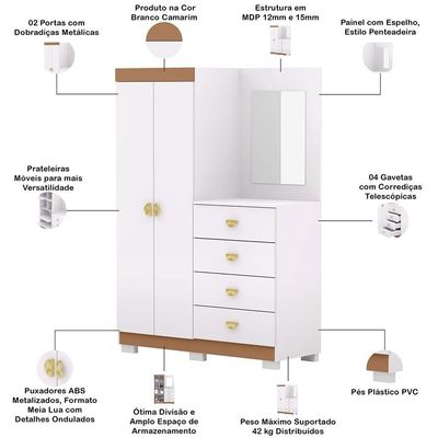 Cômoda Para Quarto Com Espelho 2 Portas 4 Gavetas 120cm Tulsa V01 Branco Camarim - Lyam Decor