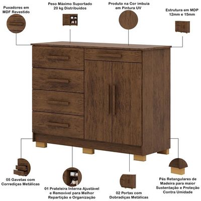 Cômoda Sapateira Para Quarto 2 Portas 5 Gavetas Biana V01 Imbuia - Lyam Decor