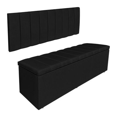 Kit Cabeceira Painel E Calçadeira Recamier Baú Casal 1,40m Holanda Suede Preto - Pallazio