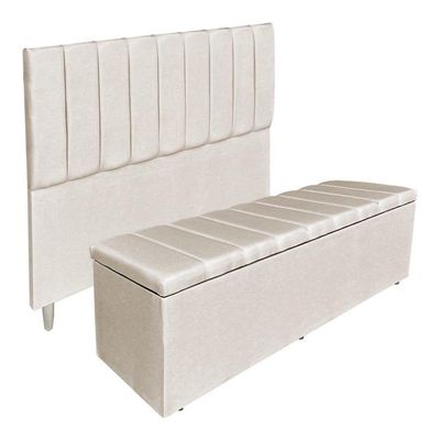 Kit Cabeceira E Calçadeira Recamier Baú King 1,95m Holanda Suede - Pallazio Cor Bege