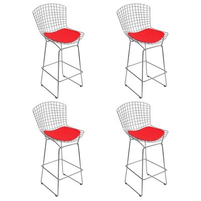 Kit 4 Banquetas Bistrô Bertoia Cromada D80 Com Assento Sintético Vermelho