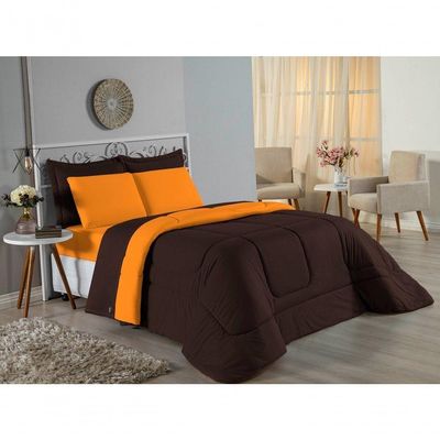 Edredom Queen Nobre 1 Peça Dupla Face 2,40m X 2,60m Malha 100% Algodão - Marrom / Laranja
