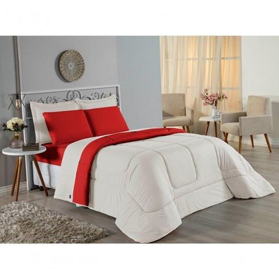 Kit Edredom Dupla Face + Jogo De Lençol Casal Viúva Nobre 6 Peças Malha 100% Algodão - Palha / Vermelho