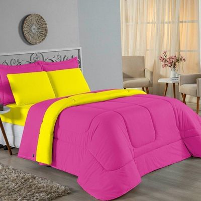 Kit Edredom Dupla Face + Jogo De Lençol Queen Nobre 6 Peças Malha 100% Algodão - Pink / Amarelo