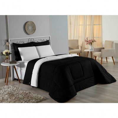 Kit Edredom Dupla Face + Jogo De Lençol Casal Viúva Nobre 7 Peças Malha 100% Algodão - Preto / Branco