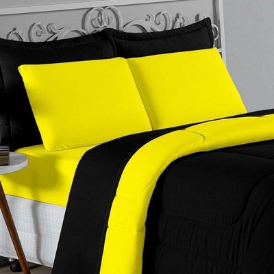 Kit Edredom Dupla Face + Jogo De Lençol Casal Viúva Nobre 6 Peças Malha 100% Algodão - Preto / Amarelo