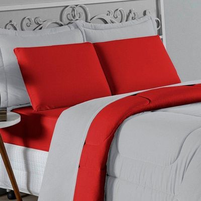 Kit Edredom Dupla Face + Jogo De Lençol Casal Viúva Nobre 7 Peças Malha 100% Algodão - Cinza / Vermelho