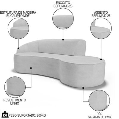Sofá Living 2 Lugares 180cm Braço Esquerdo Mozart D06 Linho Cinza - Mpozenato